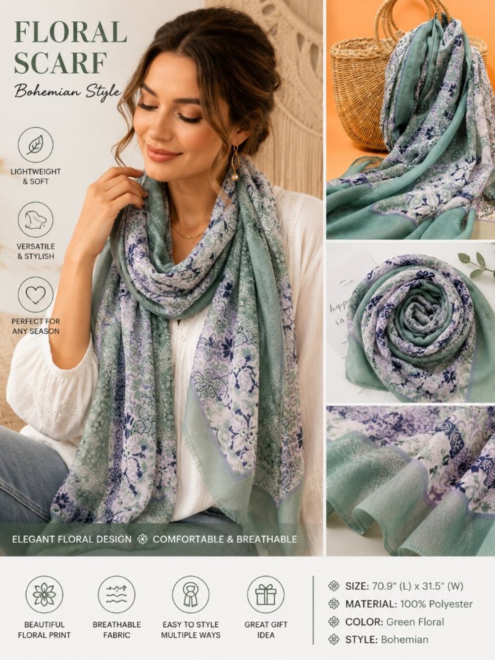Boho Green Floral Scarf Women Lightweight Soft Shawl Wrap Long Polyester